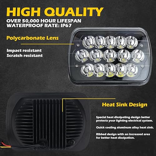 Miniatura 7 de Par de faros delanteros LED negros de 5 x 7 x 6 pulgadas, haz sellado HiLo, reemplazo H6054, compatible con Jeep Grand Cherokee XJ YJ Toyota Pickup