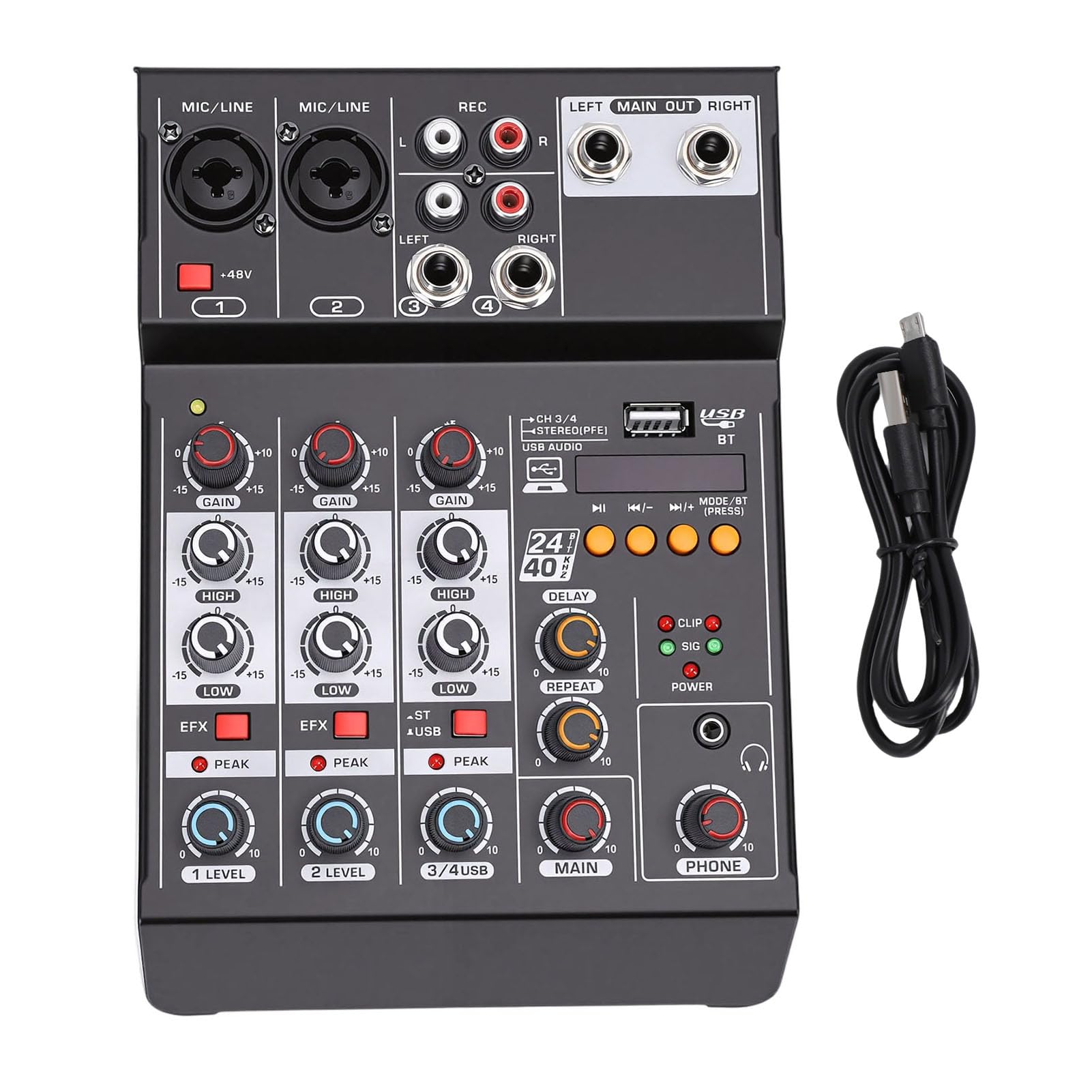 Fockety Mikser Dźwięku, USB MP3 Audio Mixer Płyta Dźwiękowa Konsola Miksująca 4-kanałowy 48V Power Stereo DJ Mixer Board do Nagrywania Komputerowego Studio Karaoke Transmisja na żywo