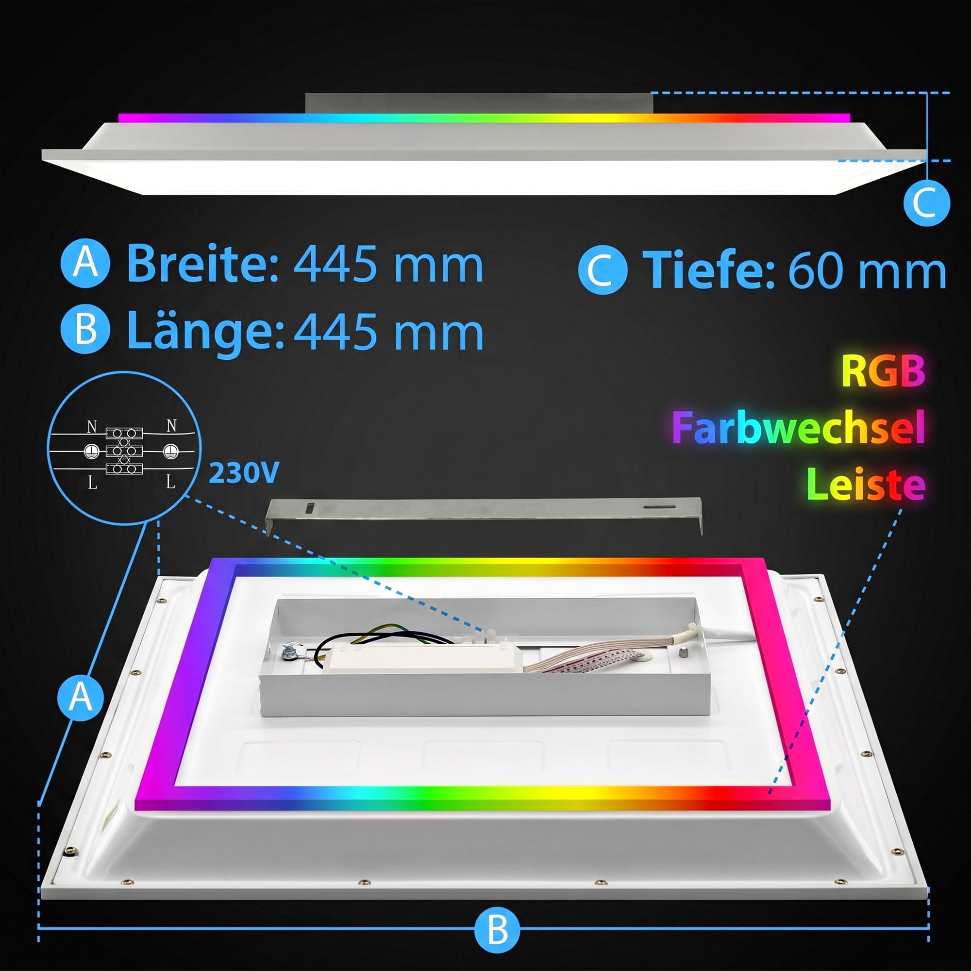 Maxkomfort LED RGB Deckenleuchte - Dimmbar, 3 Lichtfarben, RGB-Farbwechsel & Indirekte Beleuchtung - Modernes Panel für Wohnzimmer, Schlafzimmer, Büro - 45x45 cm - Weiß