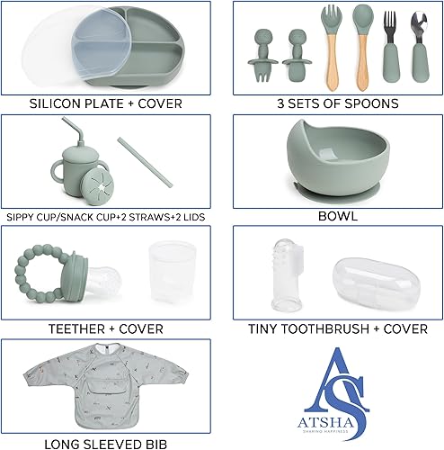 Miniatura 2 de Juego de alimentación de silicona para bebés, 19 piezas de suministros de destete LED para bebés, placa de succión y tazón, taza para beber, 3