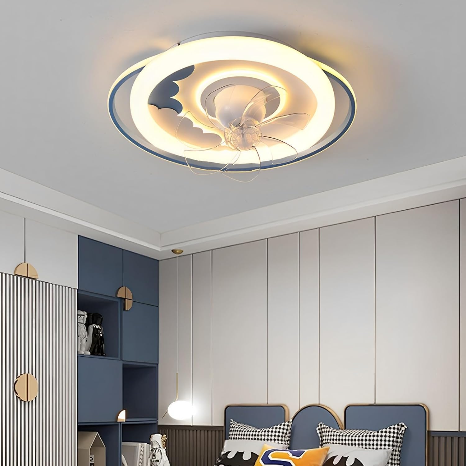 Creative 360° Rotating Ceiling Fan Light Remote 6 Speeds Ceiling Fans with Lights Dimmable 96W LED Ceiling Lights Fan Lighting Girl Boy Kids Room Bedroom Mute Ceiling Fan Lighting