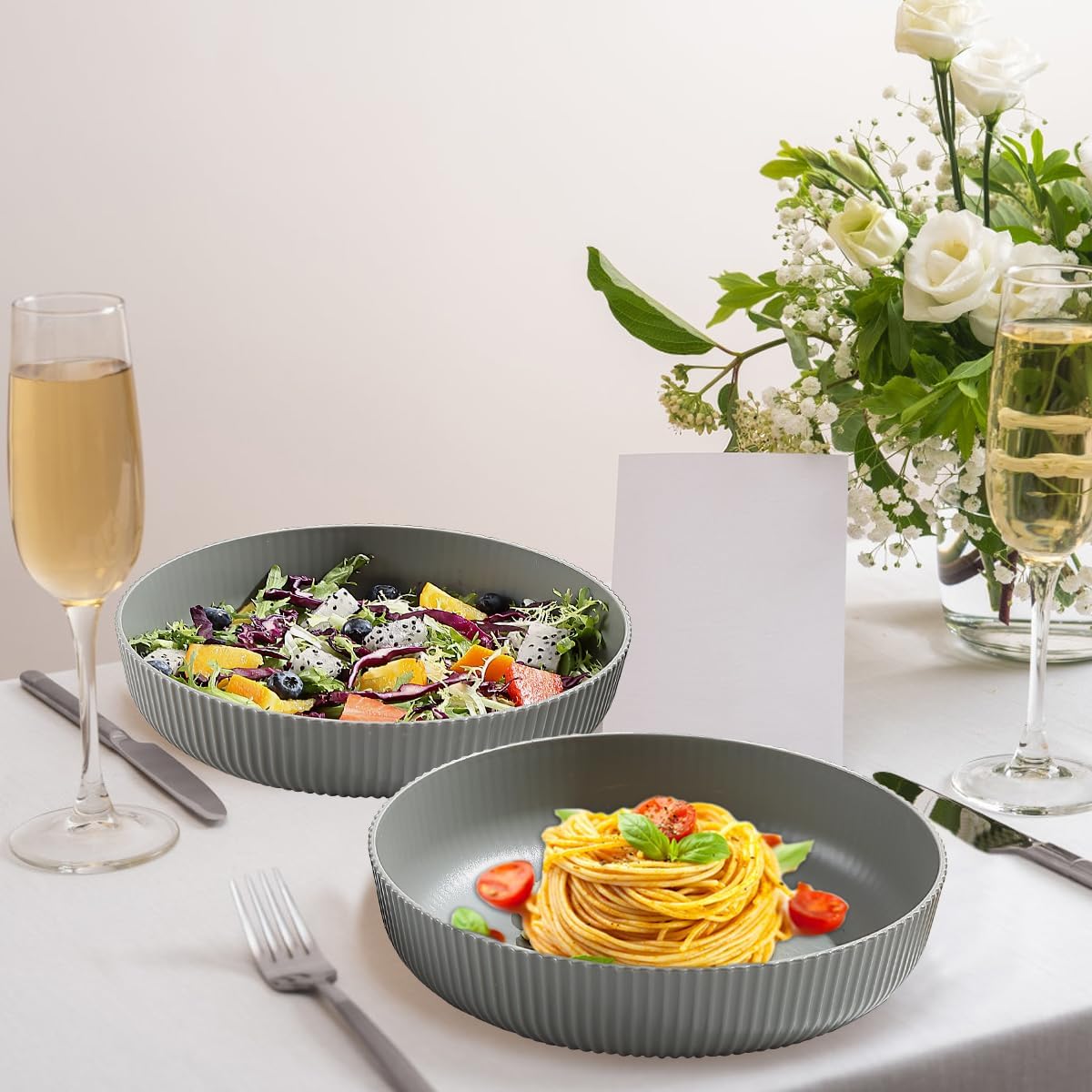 Kyraton Pasta Bowls Set of 4, 37oz Salad Bowls Soup Bowls Large Pasta Serving Bowl Plastic Unbreakable Serving Dishes Dinner Bowls (Grey) - Image 7