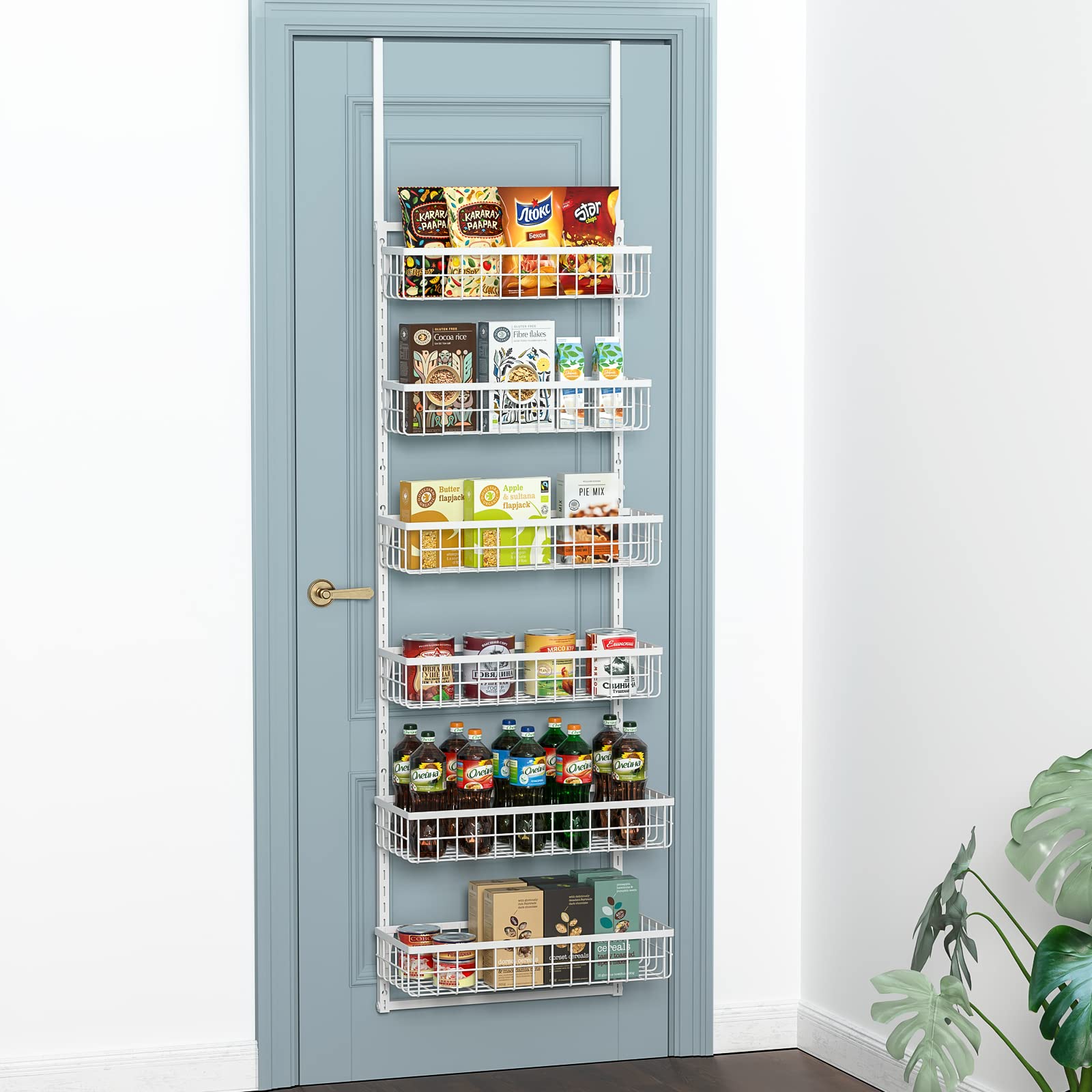 Over the Door Pantry Organizer, 6-Tier Adjustable Metal Baskets Pantry Door Organizer, Over Door Organizer Storage with Detachable Frame, Space Saving Hanging Spice Rack for Kitchen Pantry Door(White)