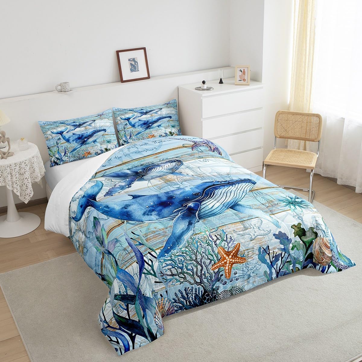 Feelyou Cute Whales Comforter Set Queen Size Kids Ocean Animal Comforter for Boys Girls Teens Marine Animals Underwater World Bedding Set Summer Blue Ocean Themed Duvet Set Room Decor