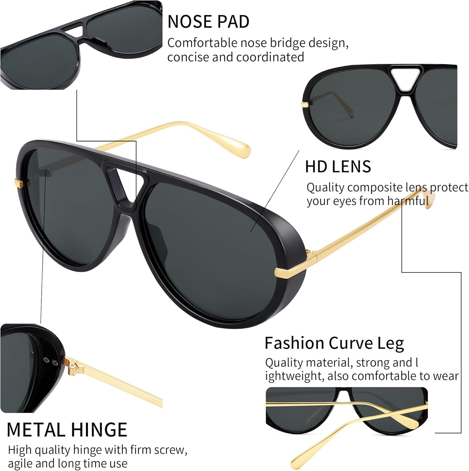 Retro Oversized Aviator Sunglasses for Women & Men, Trendy Round Big Sun Glasses Vintage Shield Shades UV Protection - Image 6