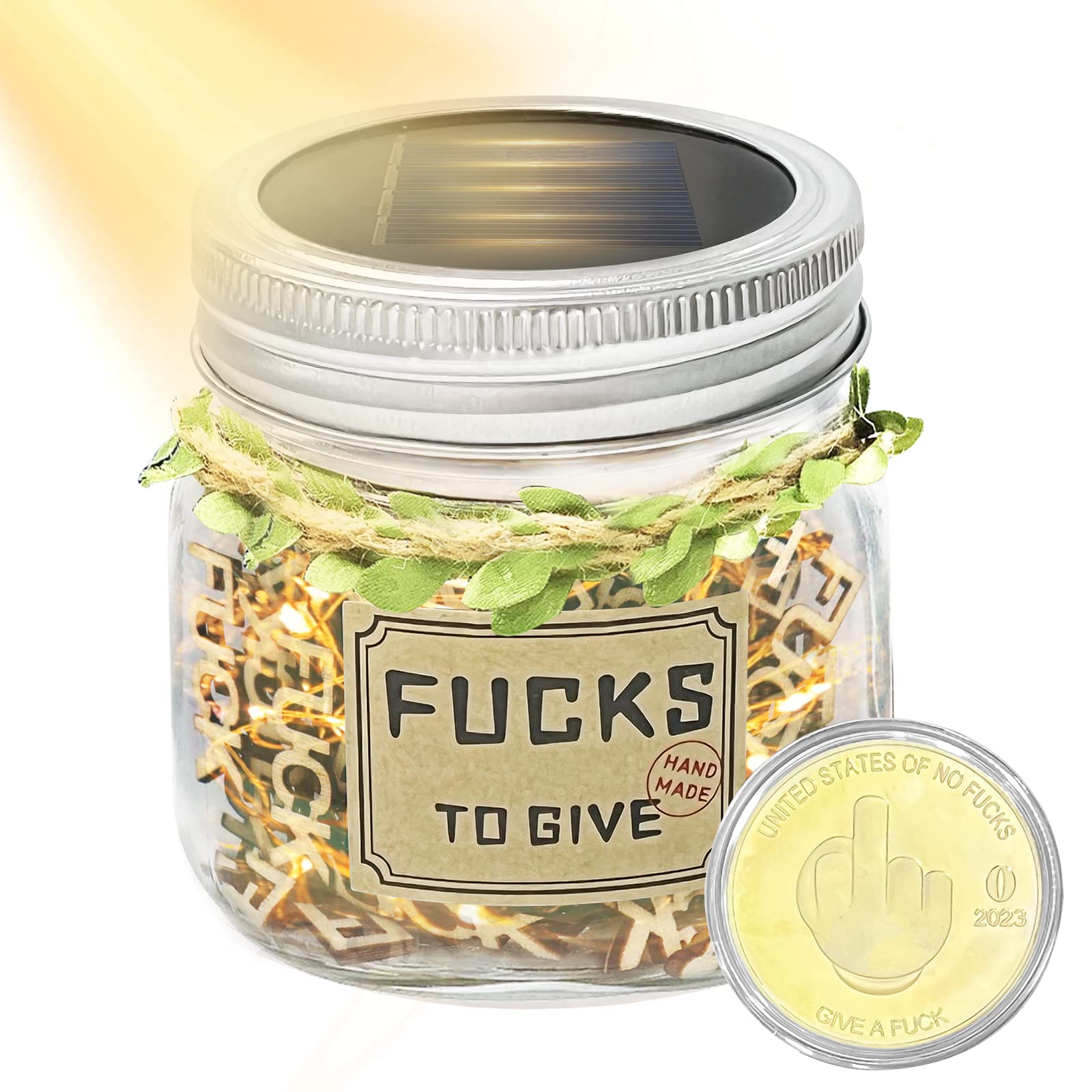 F*cks to Give, Jar of F 10oz Solar Lights Fuck Wooden Cutouts Letter Piece Novelty Gift for Valentine's Day, Anniversary, Couple, Holiday(10oz Fuck +Solar Lights Mason Jar)