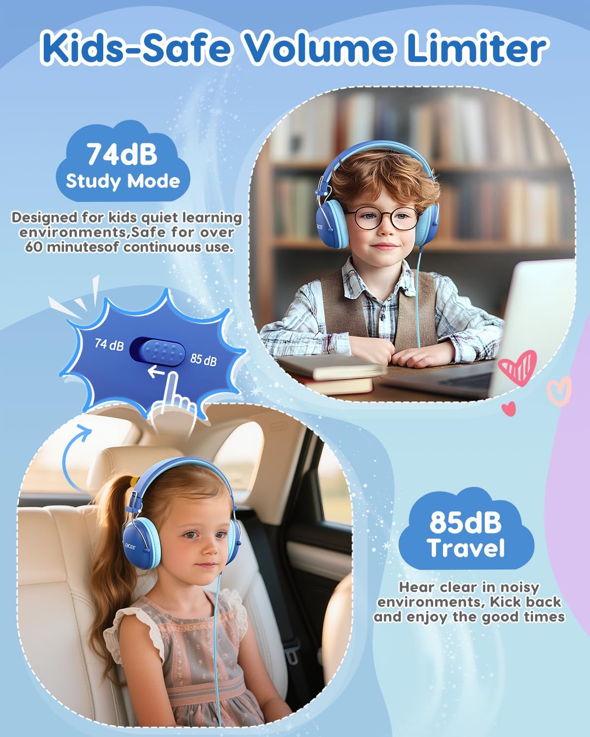 Acer Kids Headphones for School, 74/85dB Safe Volume, Kids Headphones with Cord, 3.5mm Jack, Stereo Sound Wired On-Ear Headphones for Airplane Travel, Boys, Girls, Chromebook, Kids Tablet, Blue