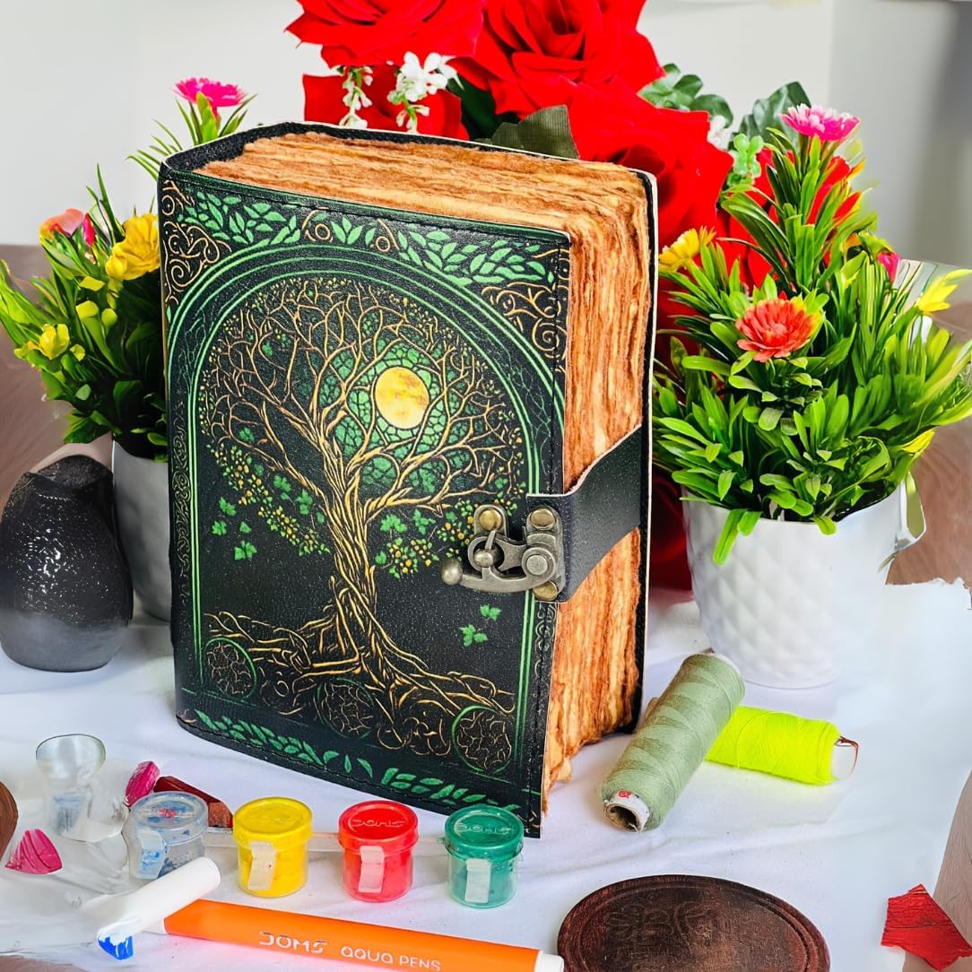 Tree of Life Leather Travel journal For Women with lock Premium Print - 7"X5" 400 Vintage Deckle Paper- Journal for men - Leather Bound Journals for women Best New Job Gifts for Women & Men Green Tree