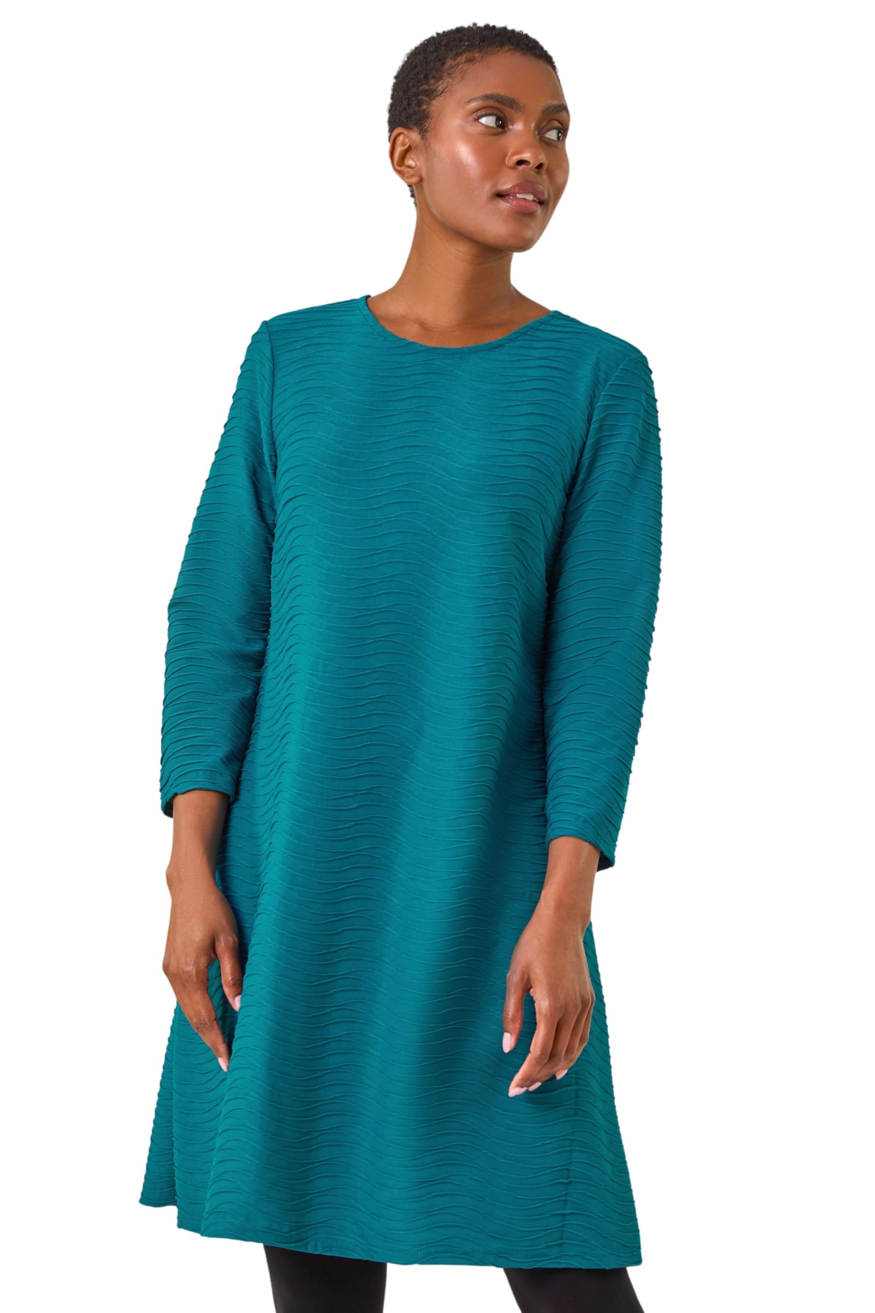 Roman Originals Women's Teal Textured A-Line Stretch Dress For Uk - Everyday Holiday Spring Summer Round Neckline Comfy Soft Evening Vacation Work Party - Size 10