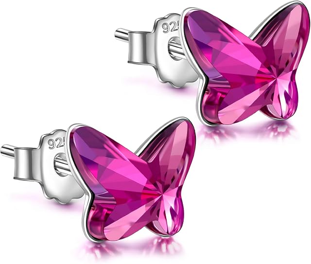 ANGEL NINA Butterfly Stud Earrings, 925 Sterling Silver & Crystal from Austria, Silver Earrings, Valentine's Day Gifts for Mum/Her/Wife, Jewellery Box
