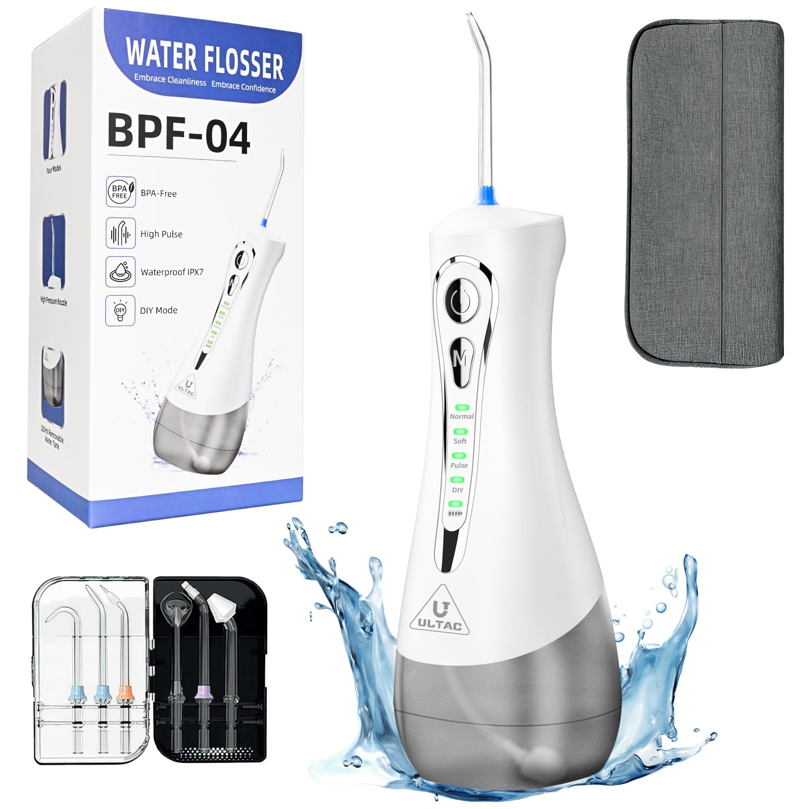 Water Dental Flosser with 7 Tips - 4 Modes Water Flossers for Teeth Portable and Rechargeable IPX7 Waterproof Cordless Oral Irrigator with 320ml Tank and Tips Box Travel Bag(White)
