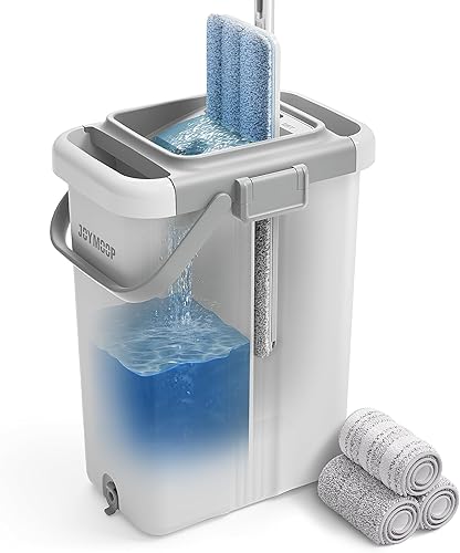 Vista 38 de JOYMOOP Juego de trapeador y cubo con escurridor, juego de cubo plano blanco para limpieza de pisos, limpiador de pared húmedo y seco con mango