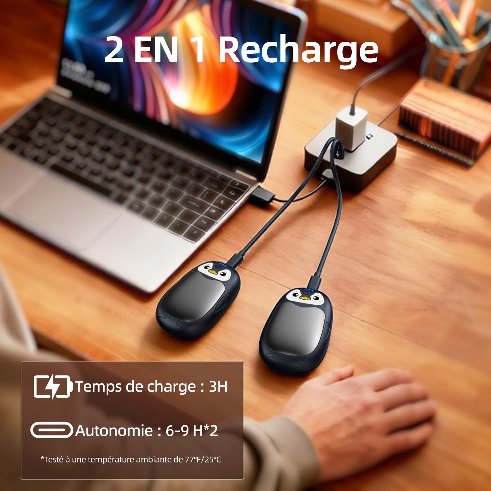 Chauffe Main Electrique 2 en 1, Noir Chaufferette Main Reutilisable 8000mAh Rechargeable par USB, 3 Niveaux de Chauffe, Cadeaux Hiver Unisexes, pour Camping et Sports en Extérieur