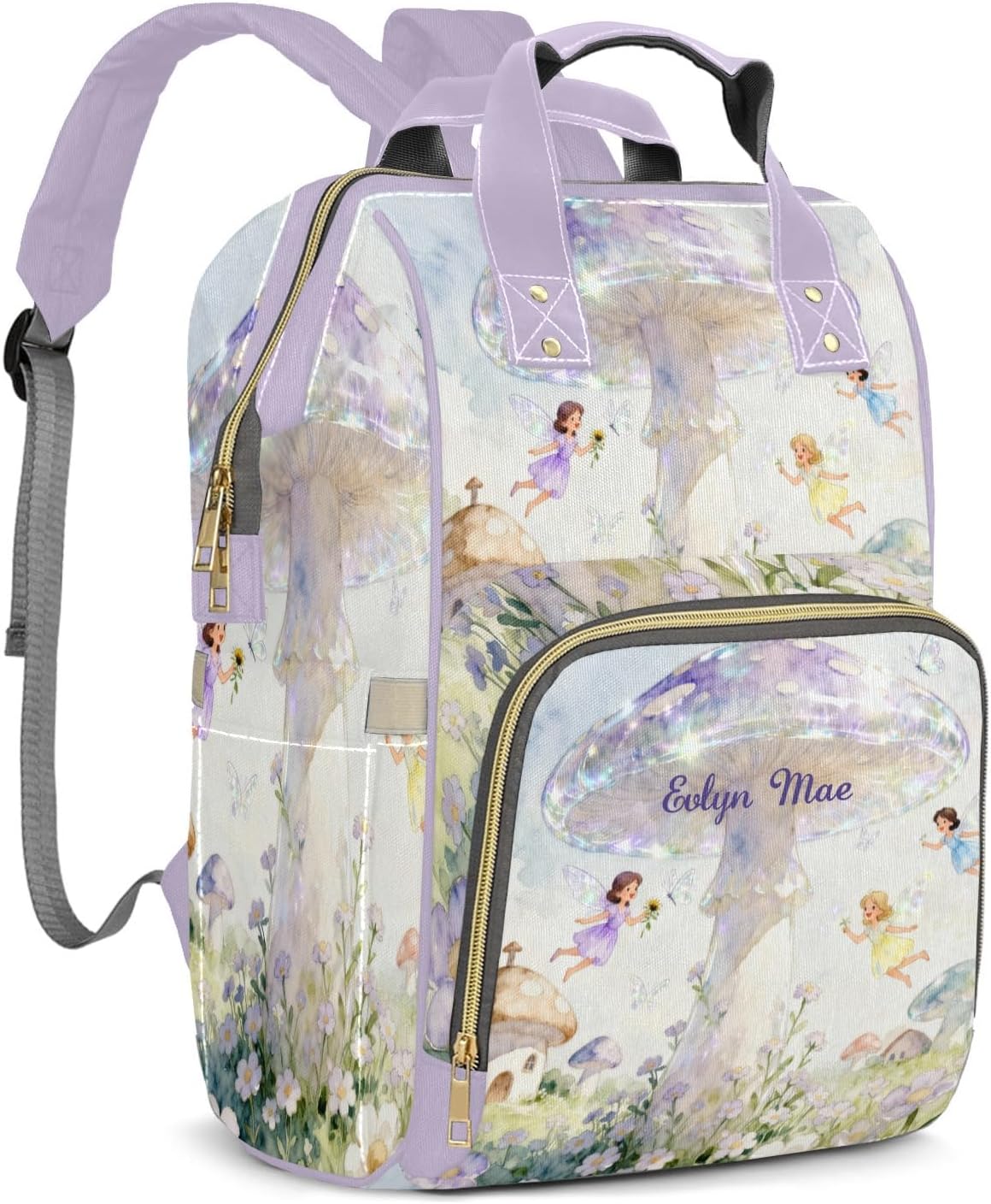 Personalized Large Capacity Violet Mushrooms Floral Fairy Diaper Bags,Custom Name Backpack Casual Daypack Bag Nappy Bag Backpack Gifts for Girls Boys