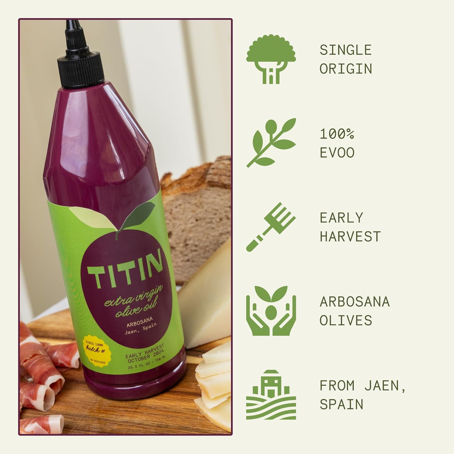TITIN Extra Virgin Olive Oil - Arbosana Finishing Oil, Early 2024 Harvest, Cold Pressed, Single Origin from Spain, Smooth Green Almond & Apple Notes, BPA-Free Squeeze Bottle, Perfect for Salads & Light Dishes, 25.3 fl oz