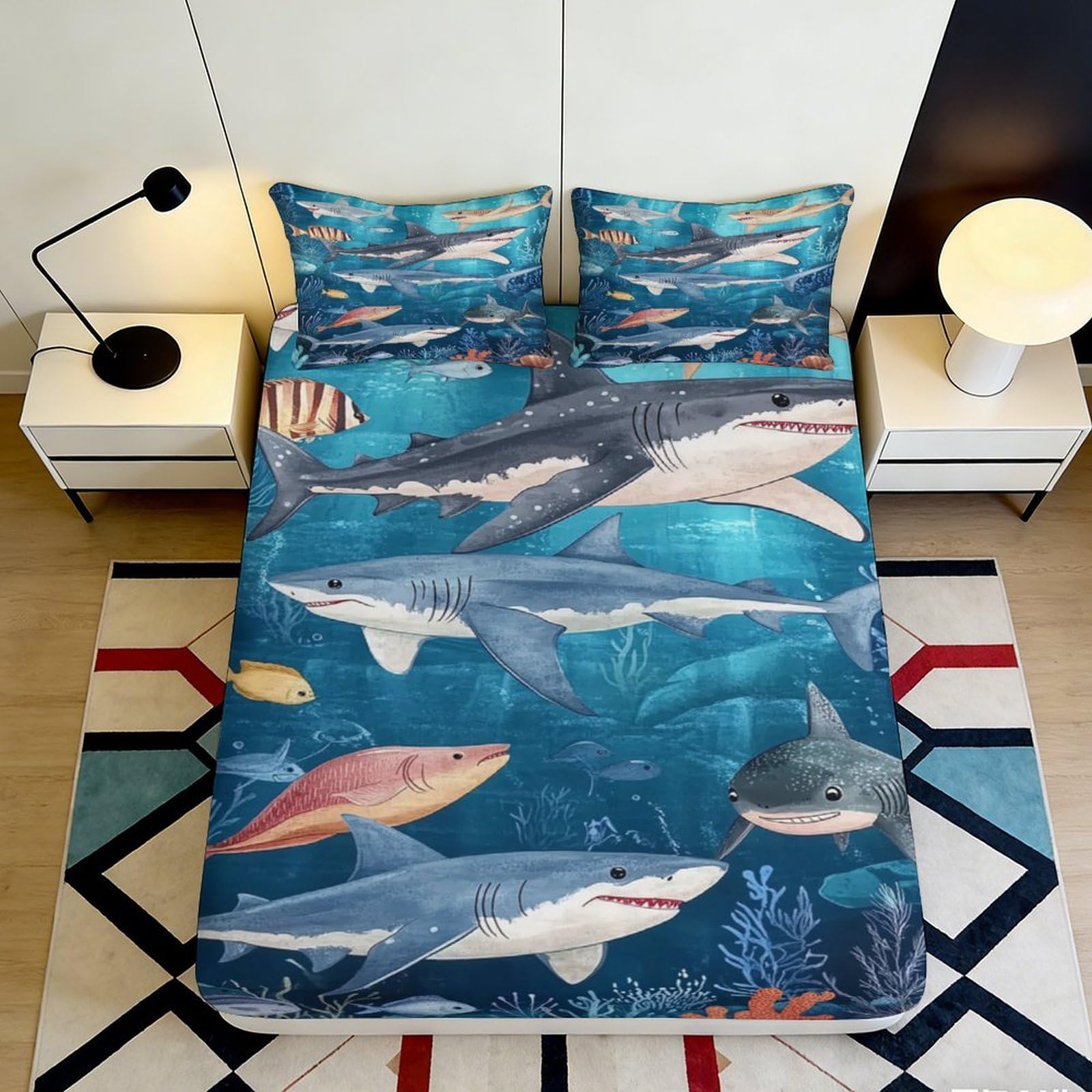 3D Printed Shark Ocean Fitted Sheet Microfiber Soft Mattress Cover Blue Sea Fish Bedroom Dorm Protector 120x200x25cm