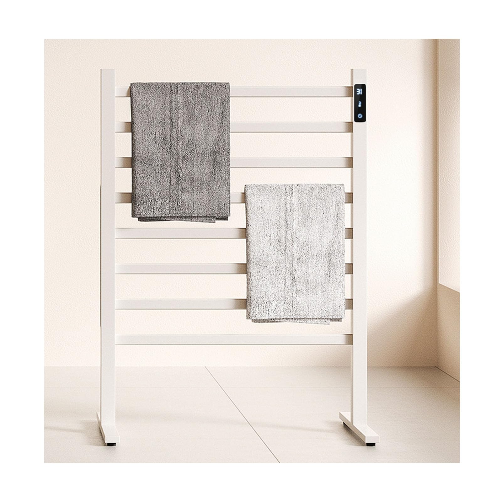 Scaldasalviette Elettrico Bianco, con Spina e Timer, a Riscaldamento rapido per la casa, con stendibiancheria Elettrico Indipendente.