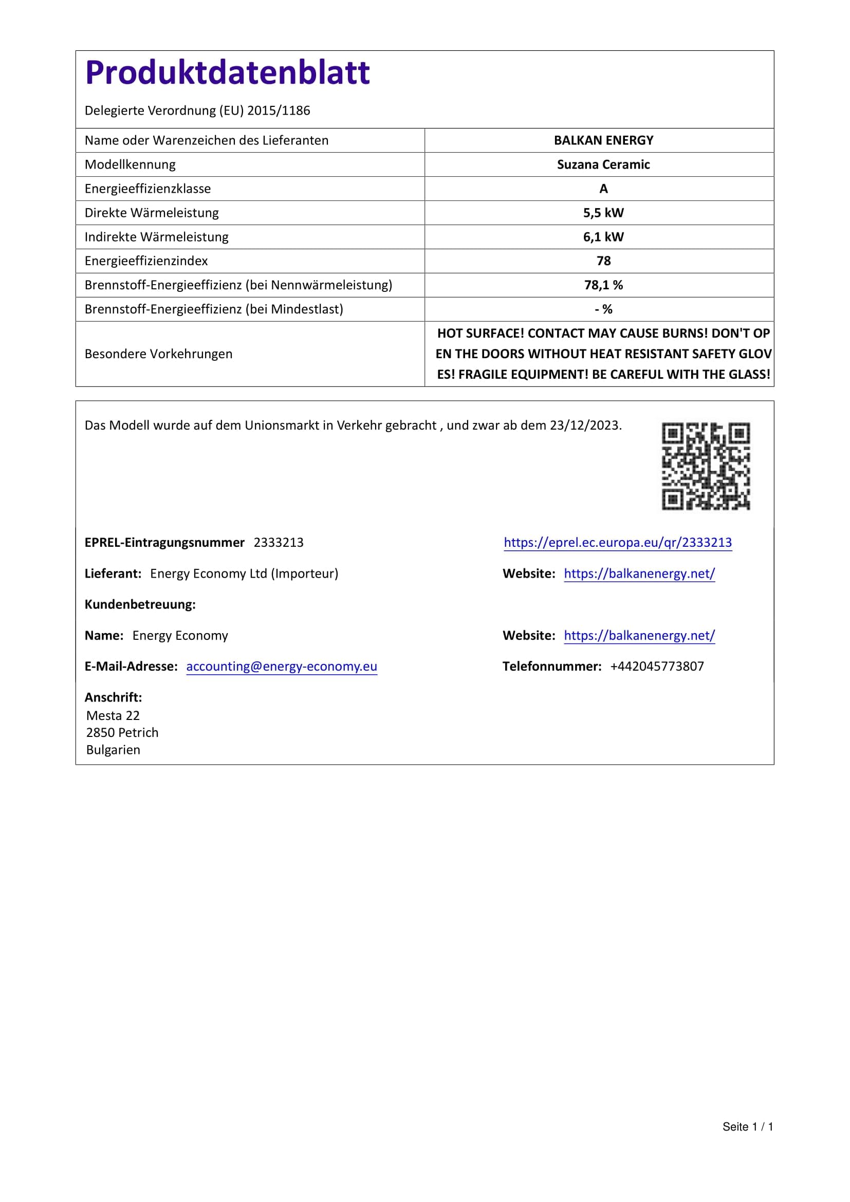 Termostufa a Legna con Forno BALKAN ENERGY Suzana Ceramic 11.6kW-17.5kW