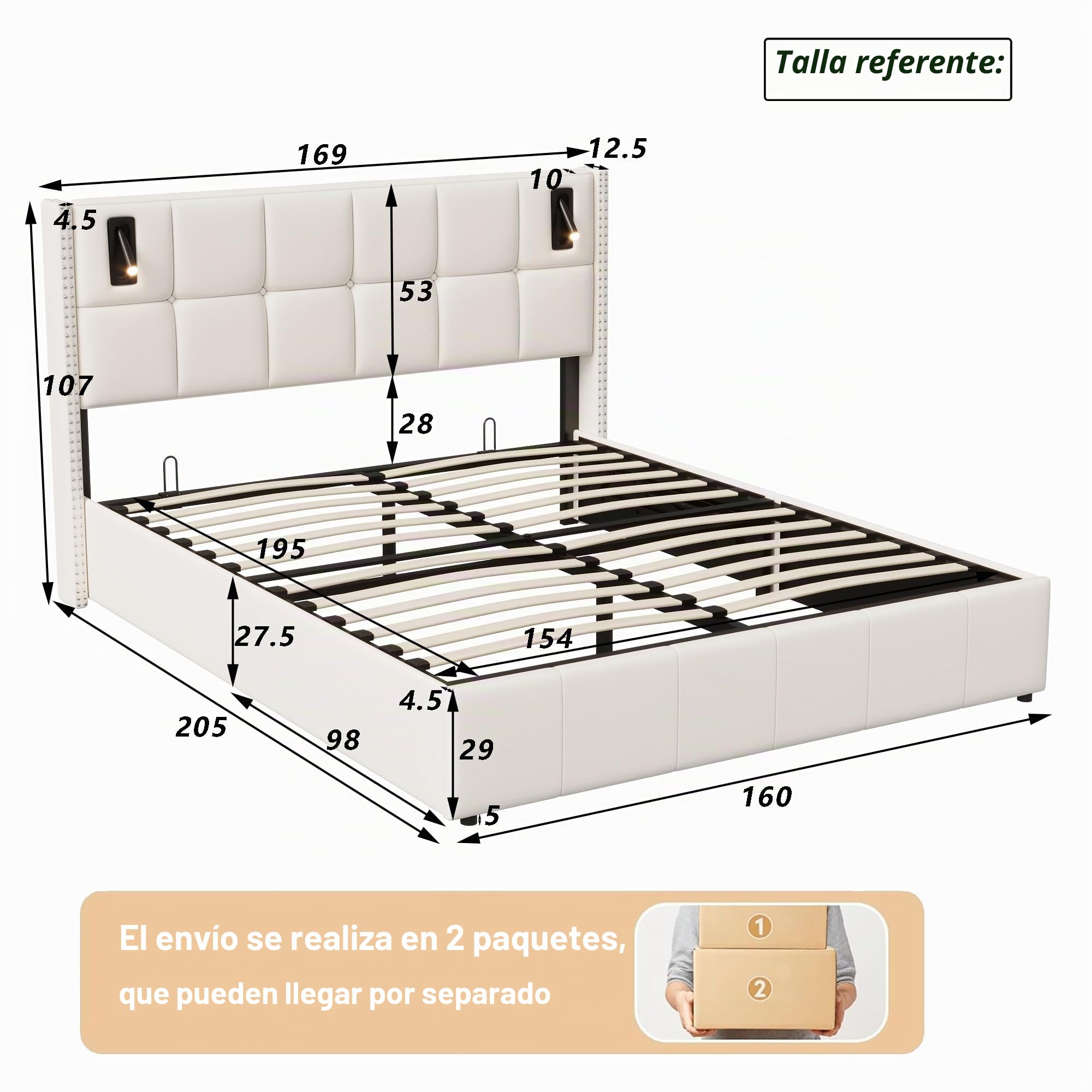 Cama Canapé Abatible 160x200 cm de Terciopelo Beige, Cama Tapizada de con Almacenaje Hidráulico, Cabecero con Luces LED de Lectura Regulables, Estructura de Madera y Somier de Láminas, Sin Colchón