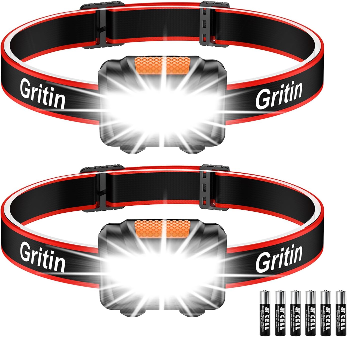Gritin LED Head Torch, [2 Pack] Super Bright Headlamp Headlight with 3 Modes, Waterproof, Battery Powered LED Lightweight for Camping, Outdoors, Emergency, Running [6 AAA Batteries Included]