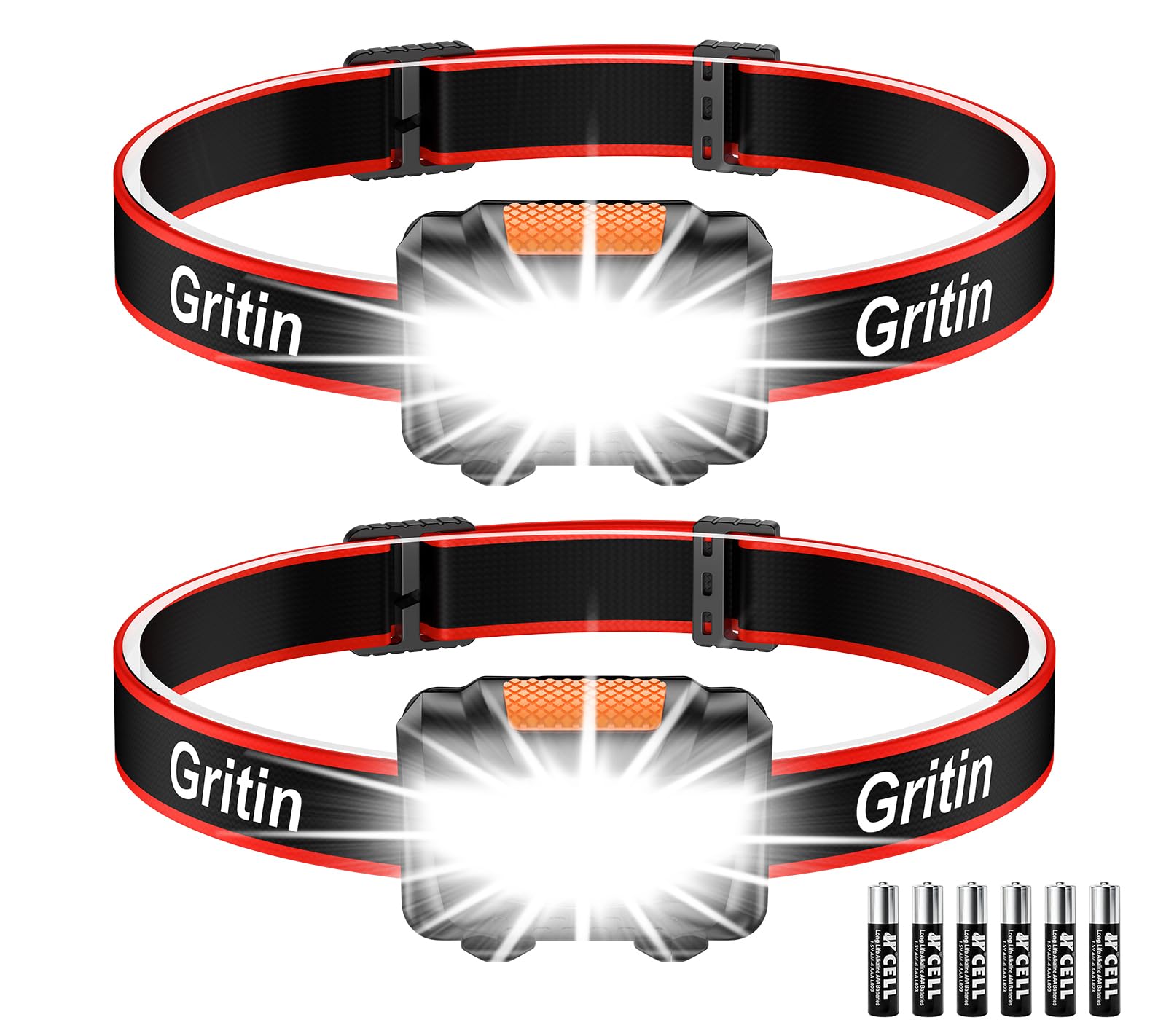 Gritin Linterna Frontal LED, [2 Pack] Linterna Cabeza COB Super Brillante con 3 Modos, Ligera y Impermeable para Correr, Acampar, Pescar, Ciclismo