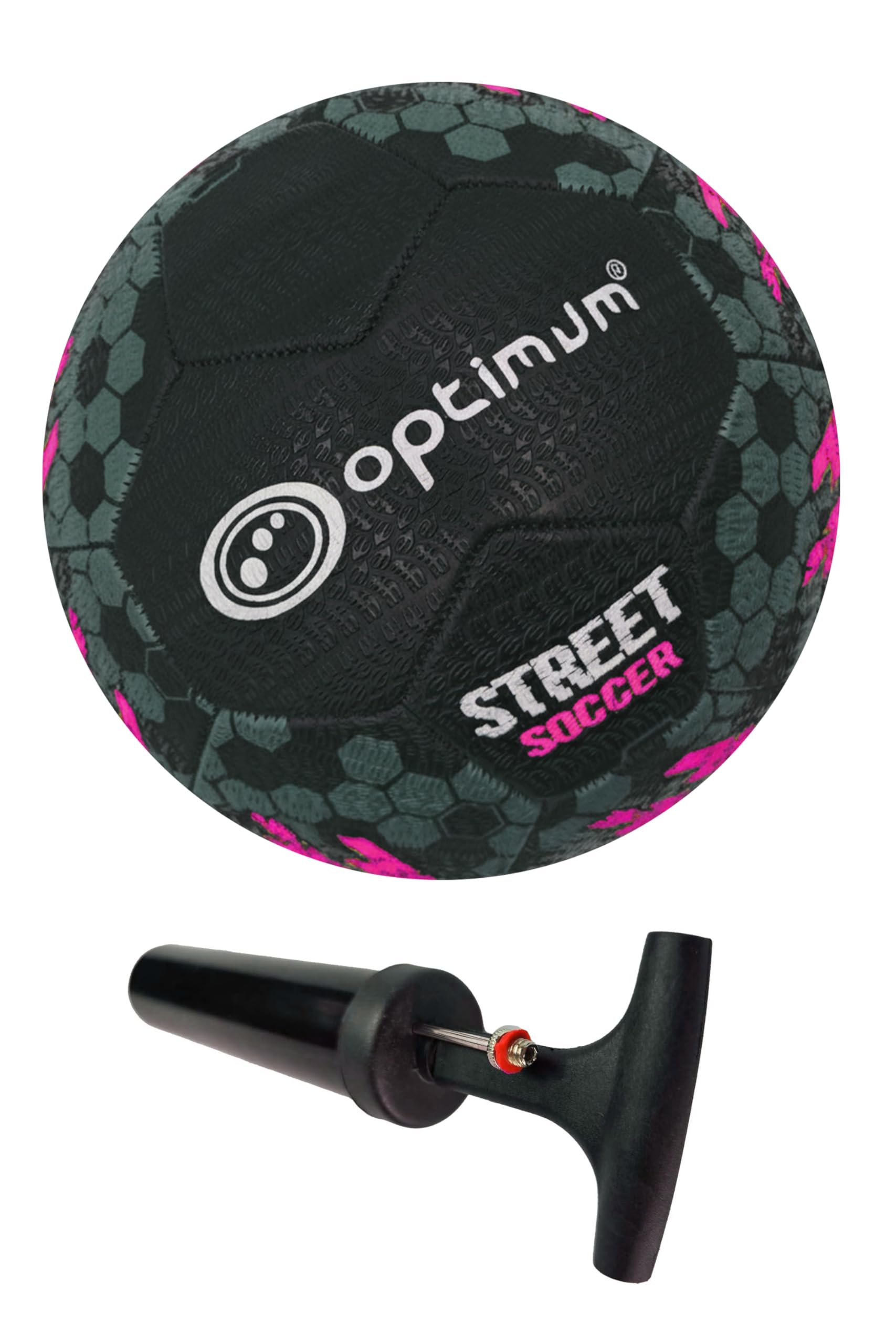 Optimum Street Football - Top-Grade Durable Rubber Long-Lasting Tire Grip Ideal for Concrete & Asphalt, All-Weather - Size 4, Ball Pump Included, Black/Pink