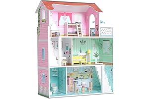 Kids Craft Pink Wooden Dollhouse, Classic 3-level, 6-room Design with Balcony, Fully Furnished