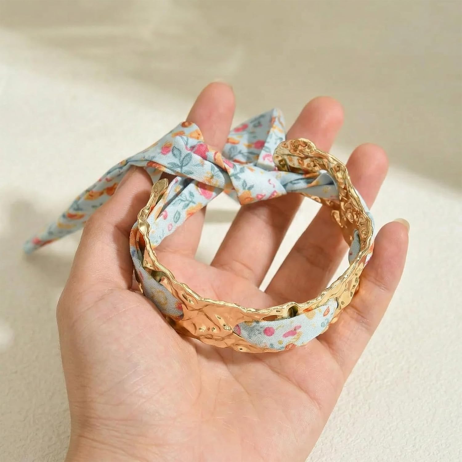 Gold Cuff Bracelets for Women, Boho Western Scarf Bracelet with Ribbon Bow, Adjustable Open Bangle Hair Tie Bracelet, Blue Paisley Bandana Wrist Cuff, Stainless Steel Vacation Festival Jewelry image 4