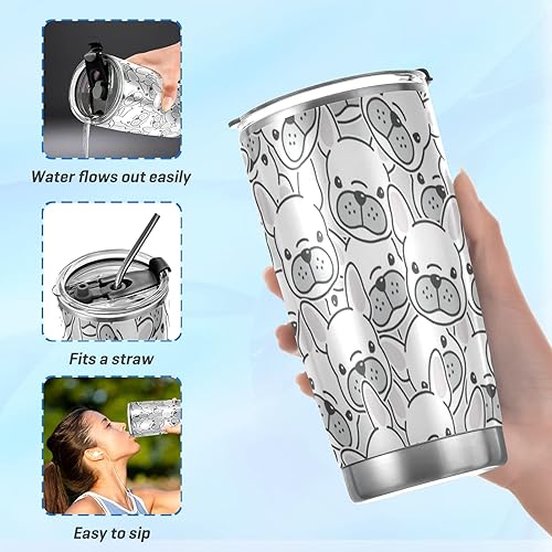 Miniatura 6 de xigua Vaso de 20 onzas con tapa y pajilla, vaso de acero inoxidable aislado al vacío para agua y café, taza de viaje de bulldog francés, taza