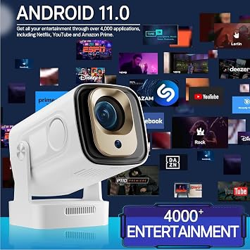 2025 Mini Smart Home 4K Projector 1080P HD – 200 ANSI, Android 11.0 with Auto Focus, Dual-Band WiFi & AirPlay/Miracast, Bluetooth 5.3, 180° Rotation for Home Cinema Bedroom Movie