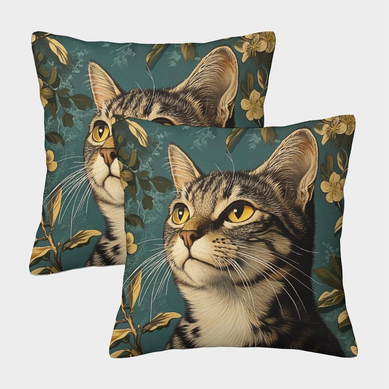 kaiyun 2 Pack 45x45cm Pillow Cases,Tabby Cat,Plants And Flowers Decorative 3D Printed Cushion Cover,sofa Bed Decorative Cushions