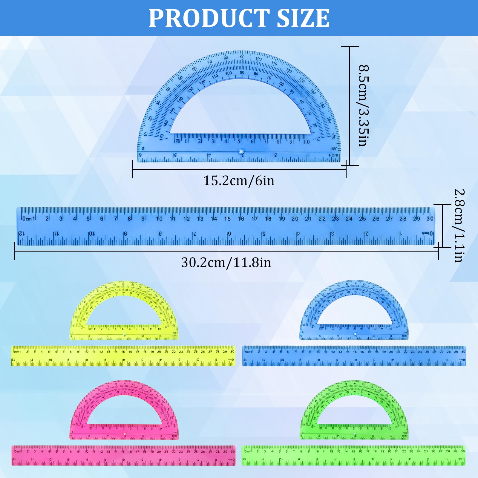 8pcs 6in Plastic Protractor with 12in Plastic Ruler Set,Clear Protractor Clear Ruler Math Geometry Protractor Ruler Set Student Classroom Protractor with Ruler,Transparent Protractor for School - Image 2