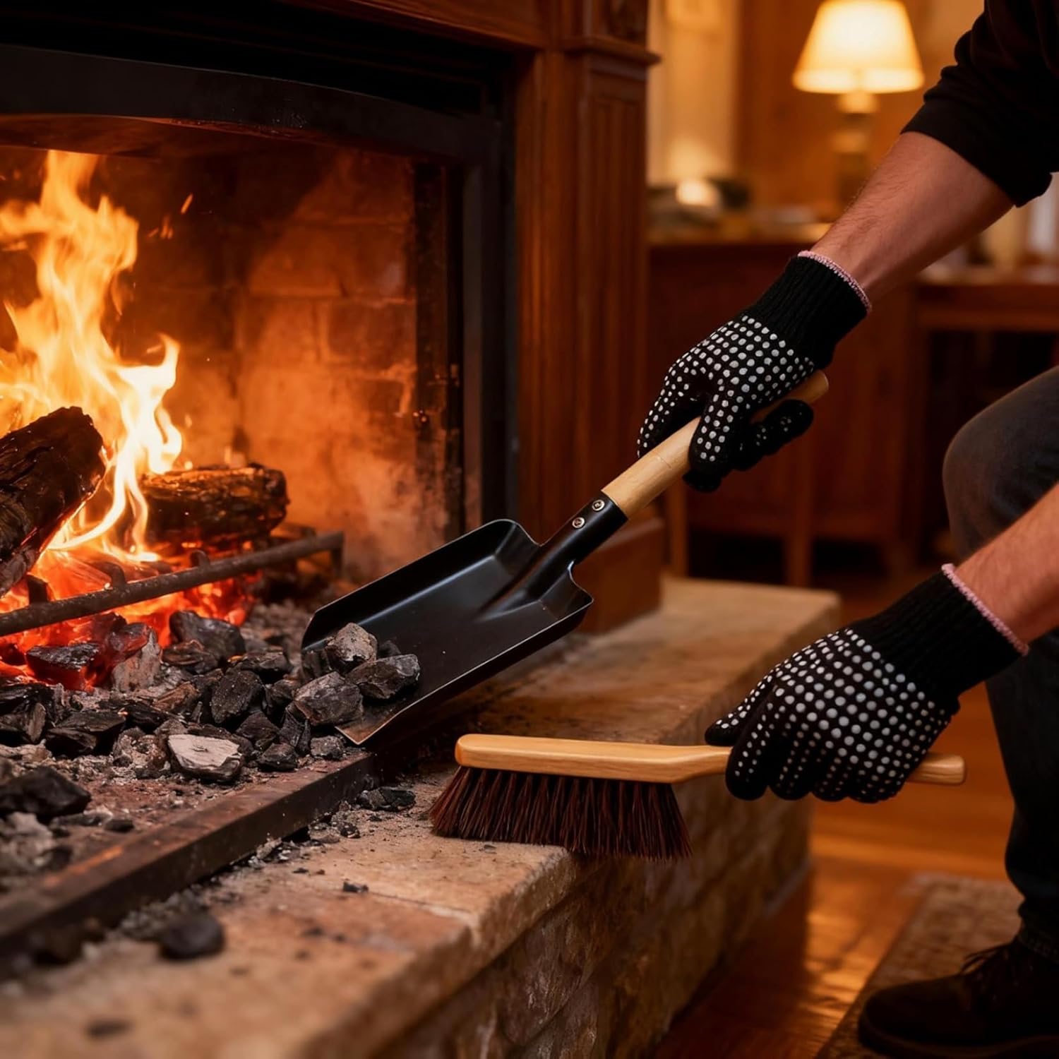 Fireplace Ash Bucket 4PCS/Set Metal Ash Bucket with Lid, Shovel, Broom and Gloves for Fire Pits, Hearth, Wood Stoves with Lid and Shovel, with, Fireplace