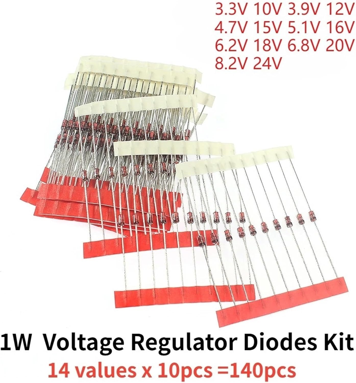140PCS 1W Zener Diode Kit 3.3V-24V Voltage Regulator Diodes Set 14 Values 3.3V 10V 3.9V 12V 4.7V 15V 5.1V 16V 5.6V 18V 6.2V 20V