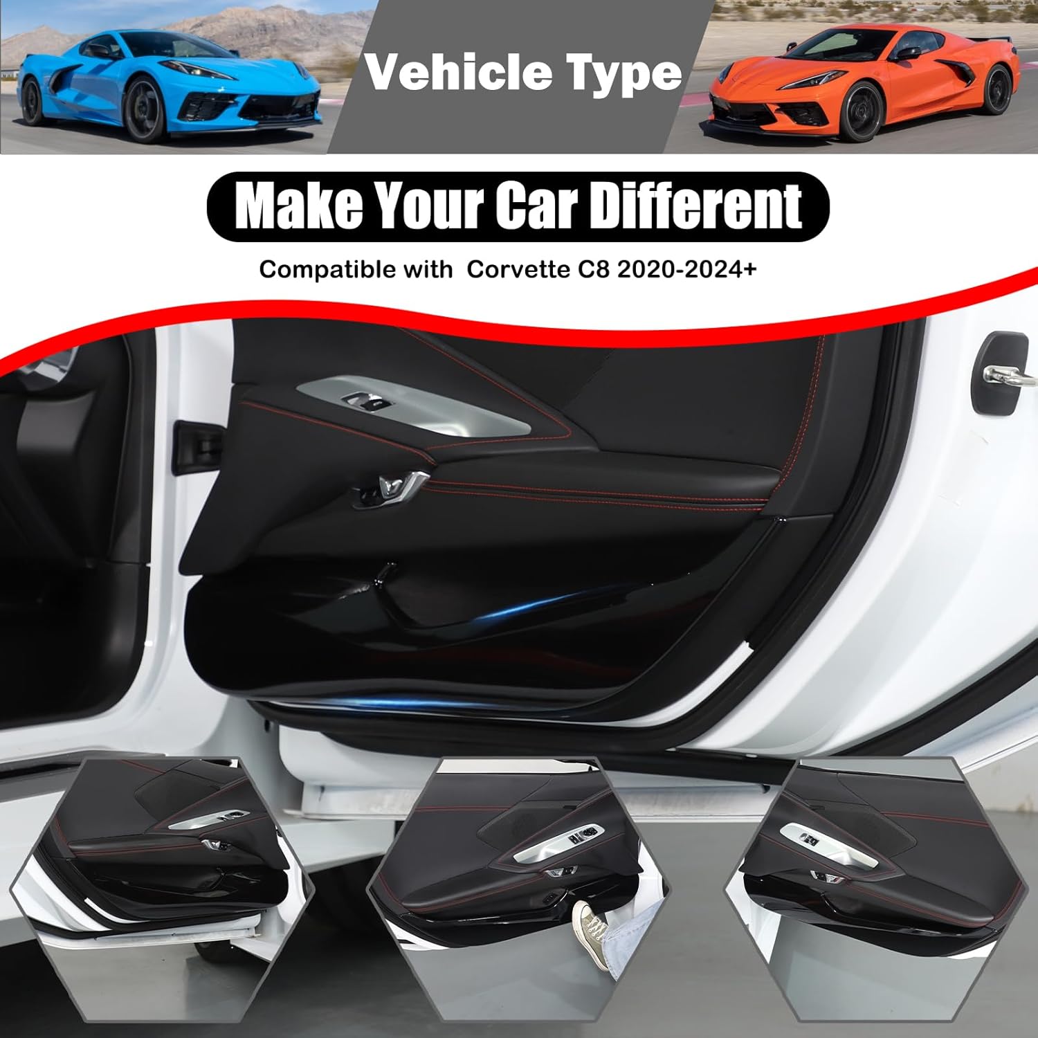 Car Interior Door Panel Trim Anti Kick Kit Compatible with Corvette C8 Stingray 2020-2024 ABS Door Sill Protector Cover Edge Guard Side Mat Decoration Dirty C8 Accessories (Piano Black)