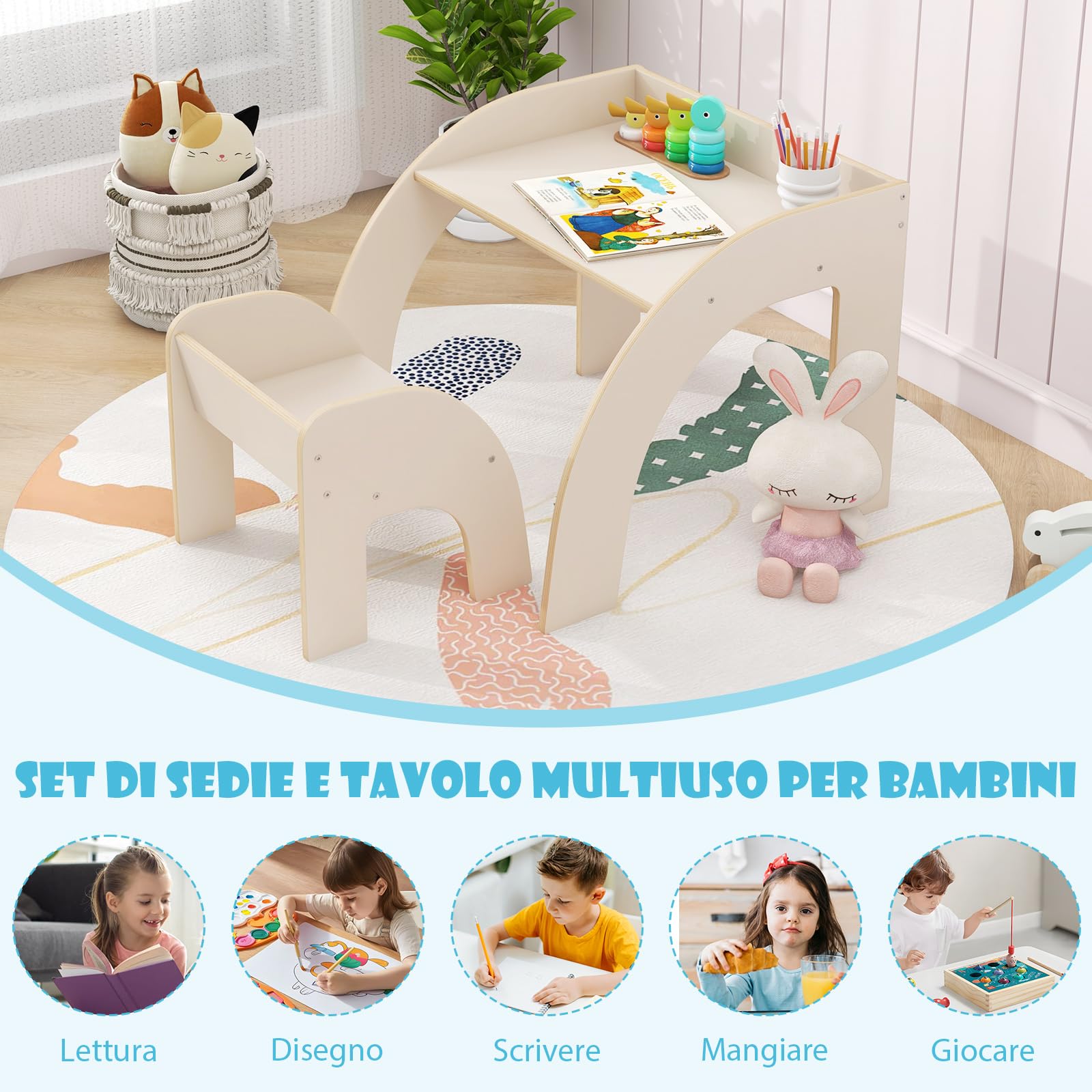 COSTWAY Set Tavolo e Sedie per Bambini 3+ Anni, Tavolino Legno con Sedie per Cameretta con Bordo Curvato e Ampio Piano, Mobile Salvaspazio per Camera da Letto, Soggiorno e Asilo (Bianco)