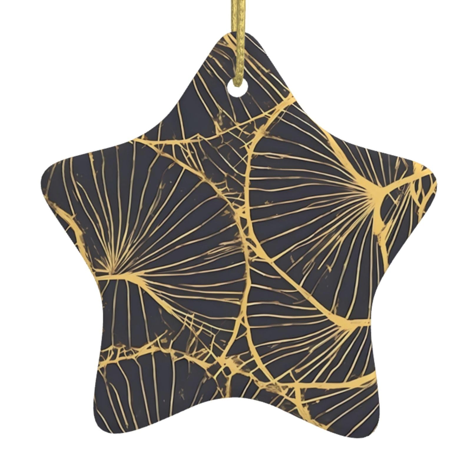 Golden Leaf Christmas Ceramic Star Pendant with Punched Holes and Gold Wire Rope, Christmas Tree Home Decoration