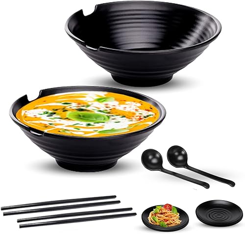 Miniatura 1 de Faz Goods Juego de 2 cuencos para ramen con palillos, cucharas grandes de melamina de 32 onzas, juego completo de vajilla con palillos, cuencos y