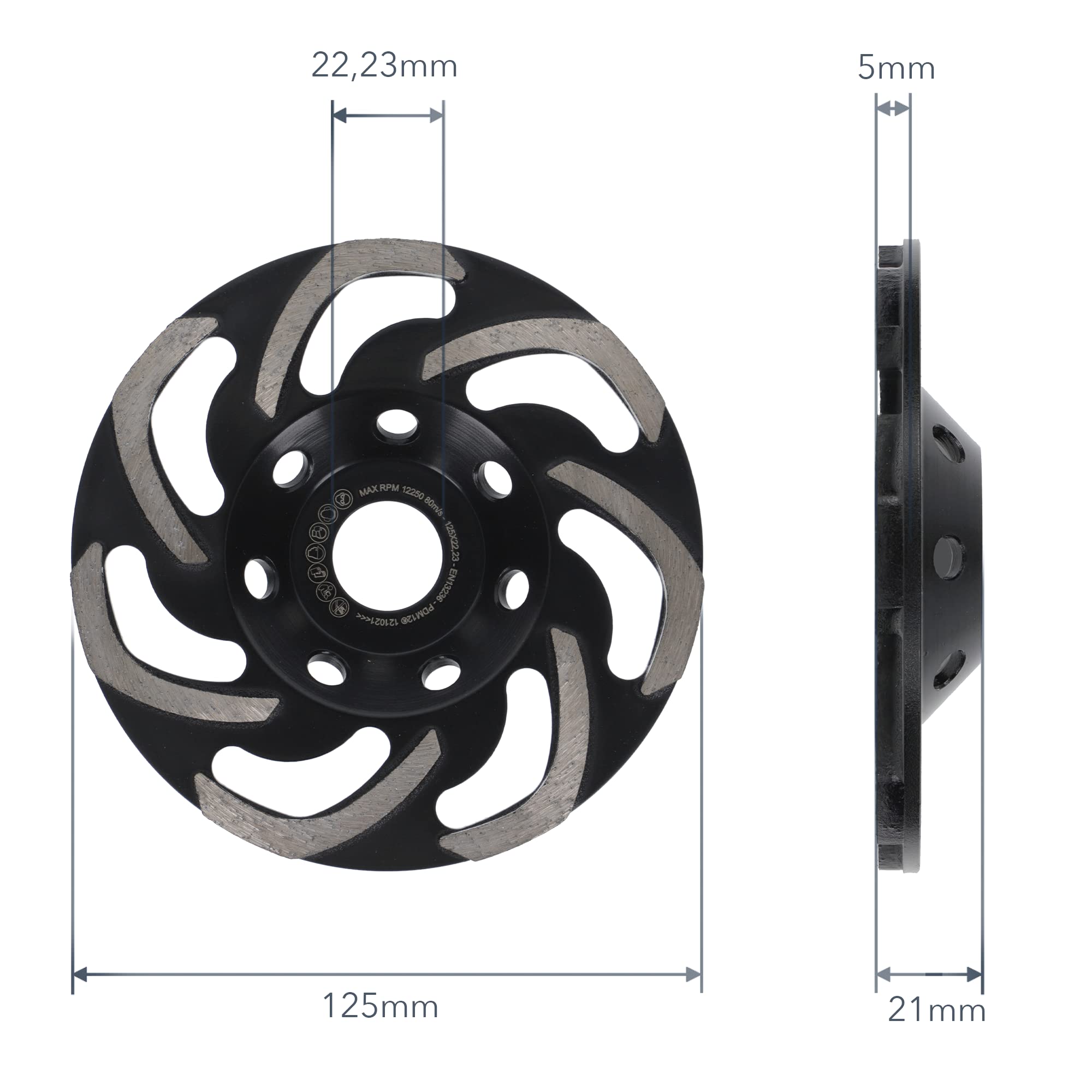 PRODIAMANT Mola a tazza diamantata 125mm x 22,2mm per calcestruzzo e muratura, adatta a smerigliatrici angolari, alta qualità e durata