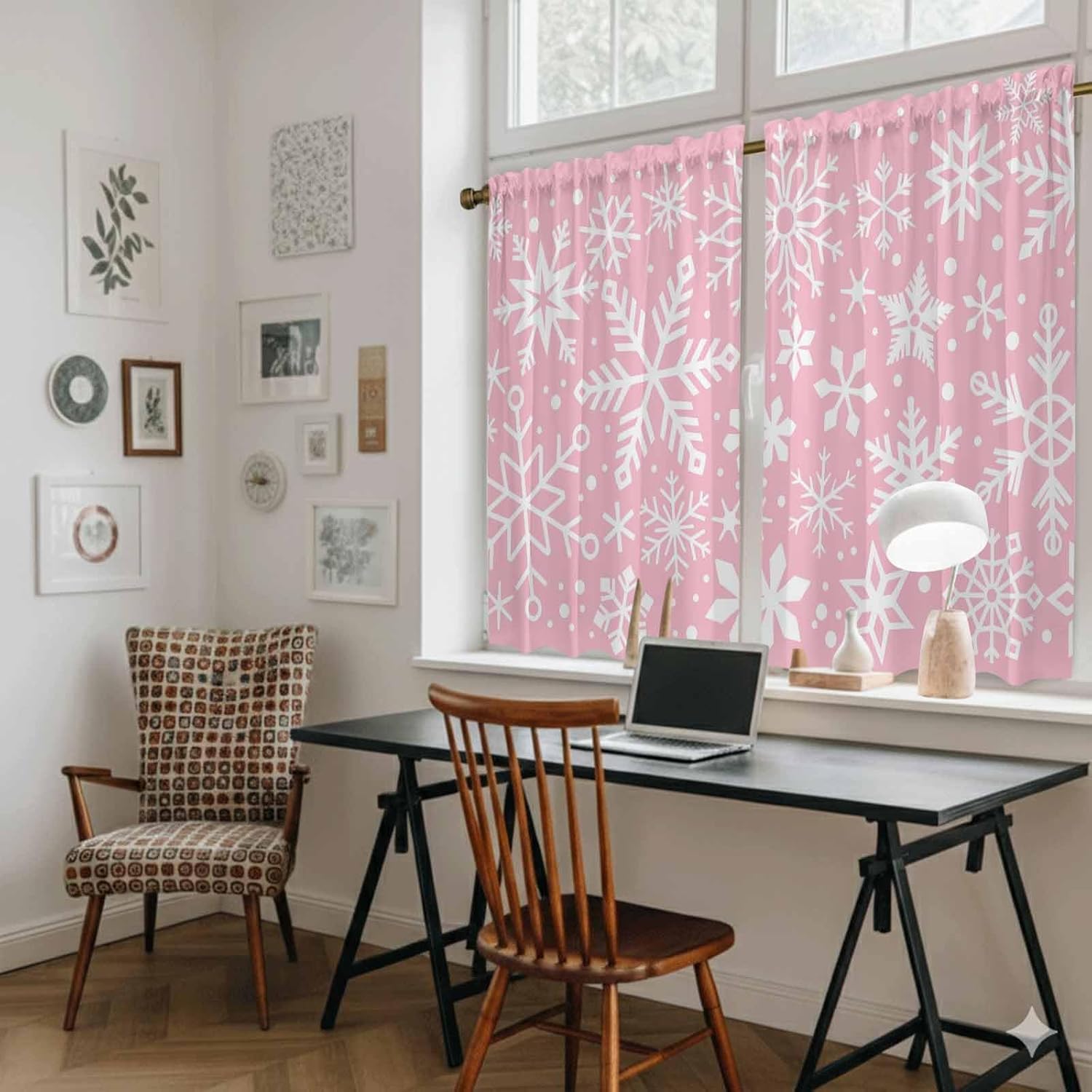 Pink Christmas Kitchen Tier Curtains 45 Inch Long 2 Panel Set,Rod Pocket Short Window Treatment,Snowflakes Xmas Winter Retro New Year Curtains & Drapes for Bathroom Basement 27.5"W x 45"L