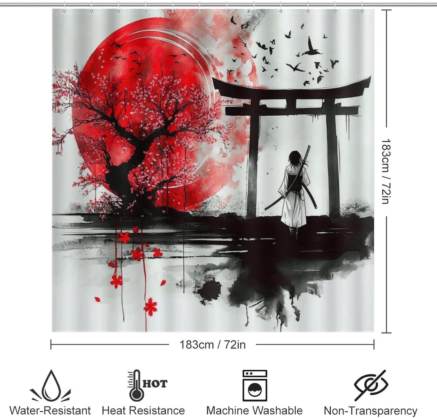 4pcs Samurai Red Sun Japanese Shower Curtain Set with Rugs, Toilet Lid Cover and Bath Mat, Mountain Tree Bathroom Curtains Decor Shower Curtains, 72" X 72"
