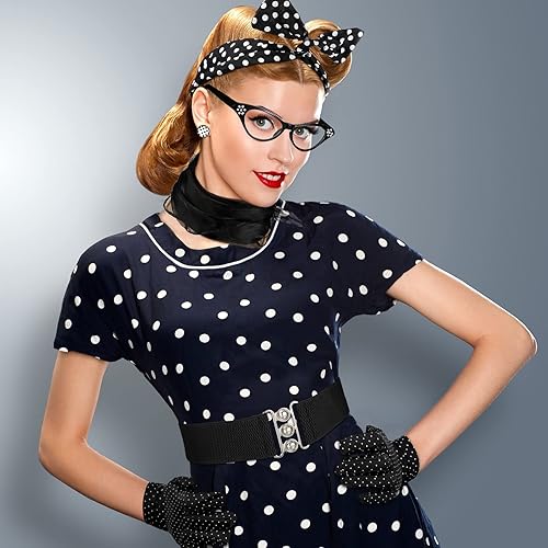 Miniatura 4 de Newcotte 7 piezas de accesorios de disfraz de los años 50 para mujer, bufanda, lunares, ojo de gato, bandana, diadema, aretes, guantes, cintura