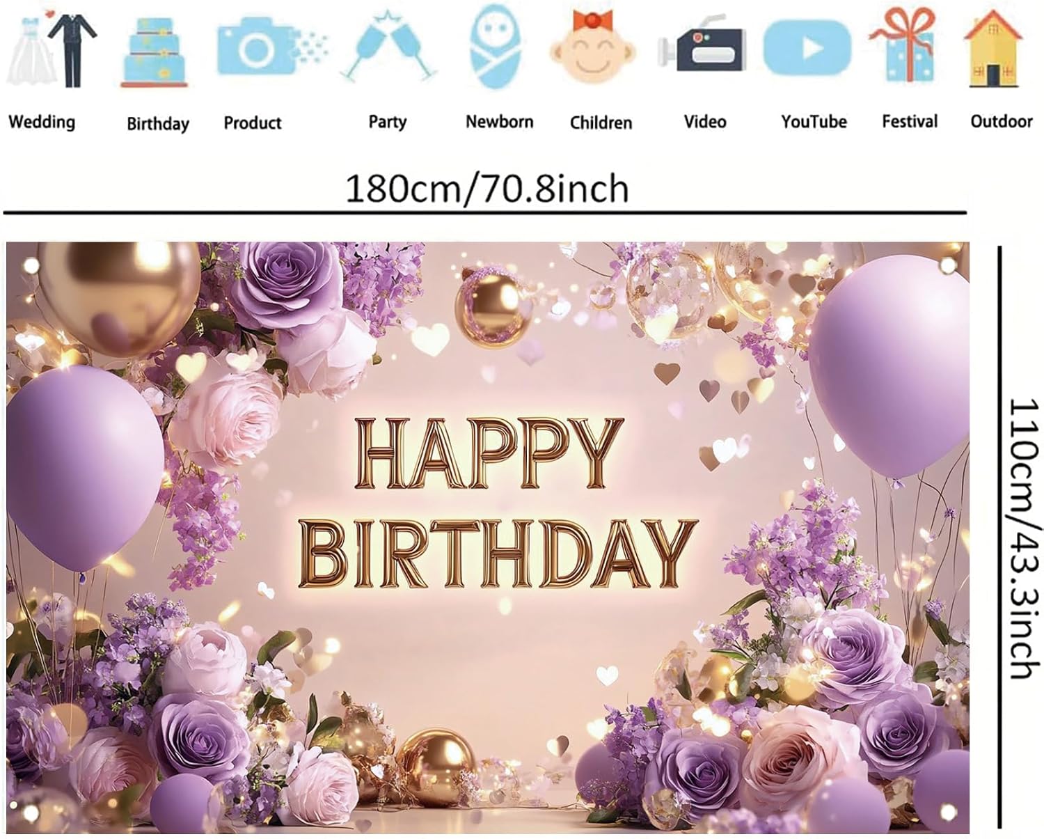 Purple Gold Happy Birthday Backdrop Banner with Flowers Balloons Glitter Lights Photography Background for Women Girls Party Decoration Supplies Birthday Banner Photo Booth Props 71x43 Inch