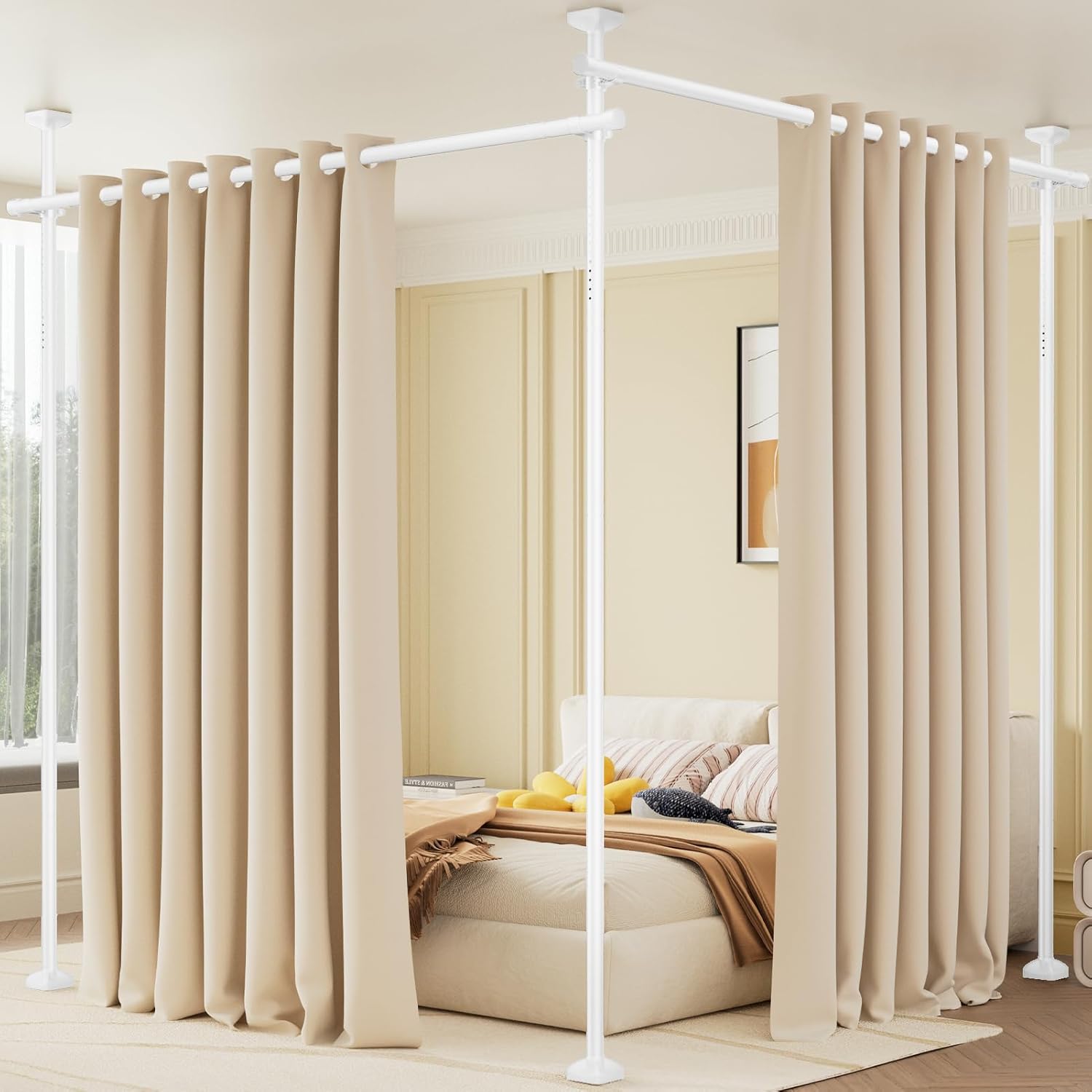 Bonpally Room Divider Curtain Rod, No Drilling Tension Rod for Room Separation, 4-10ft(H) 28-114inch(W) Adjustable Heavy Duty Floor to Ceiling Wall Divider Room Partition Privacy Separator, White White 28-114inch