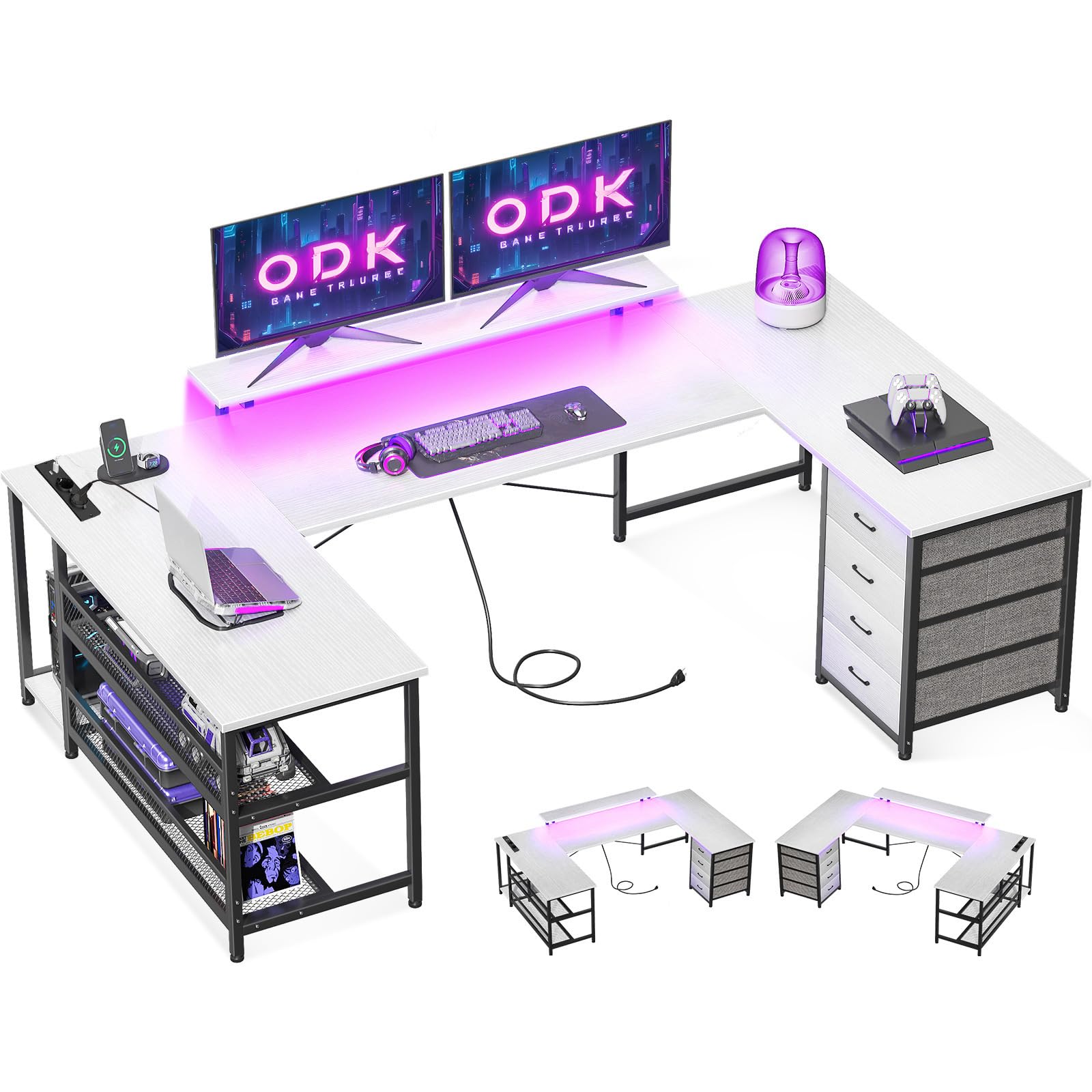 ODK Escritorio con Cajones, Escritorio Esquinero Reversible con Regleta, Escritorio Gaming con LED y Soporte para Monitor para Oficina en Casa, 167×102 cm, Blanco