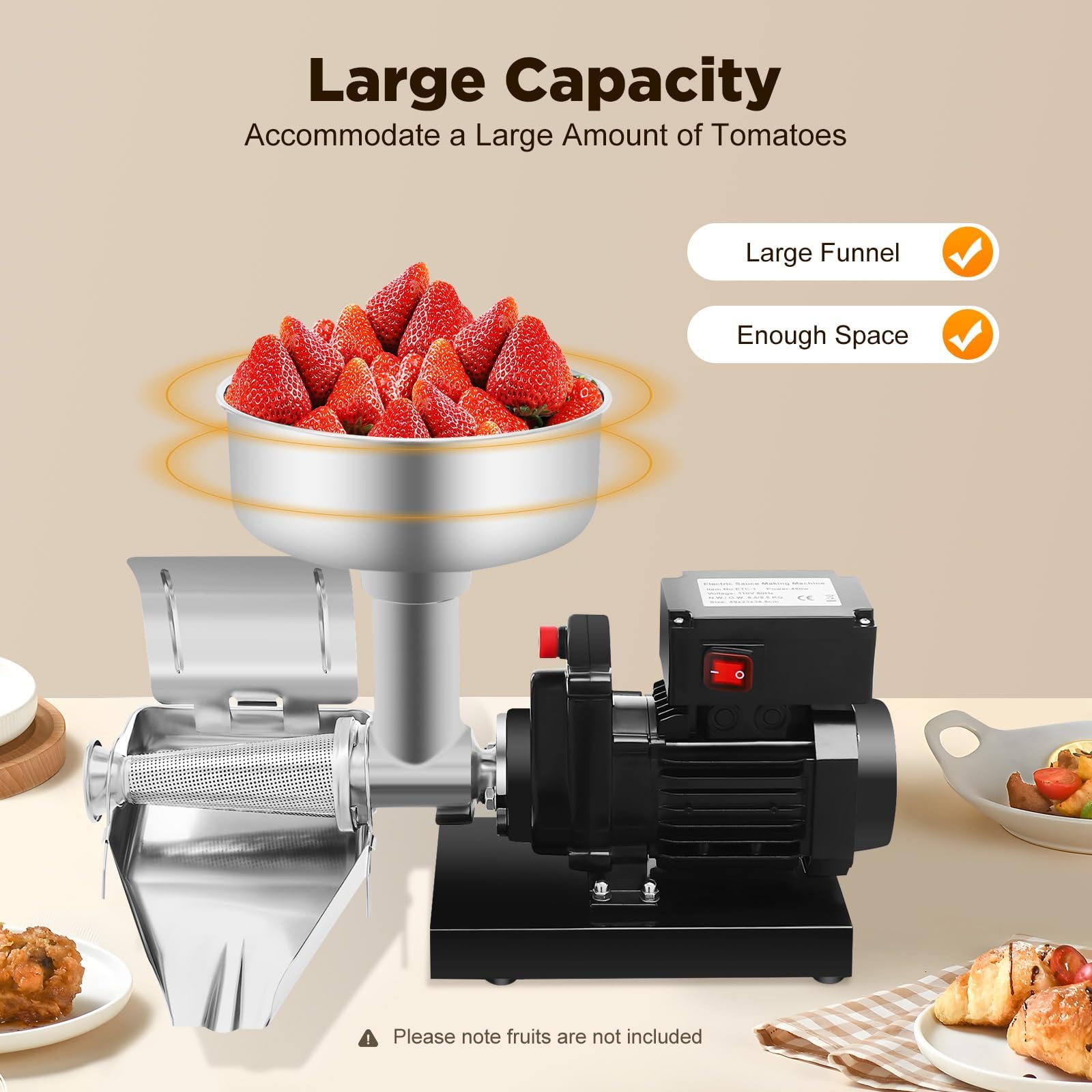 Passapomodoro Elettrico 450 W, Macchina Professionale per Salse | Produzione 20–60 kg/h, Grande Imbuto, Scivolo Regolabile e Acciaio Inox per Passata, Purè e Salse