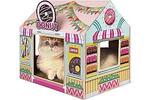 SEKAM Cardboard Cat House with Scratcher and Catnip, Kitty Donut Shop for Indoor/Outdoor Cats