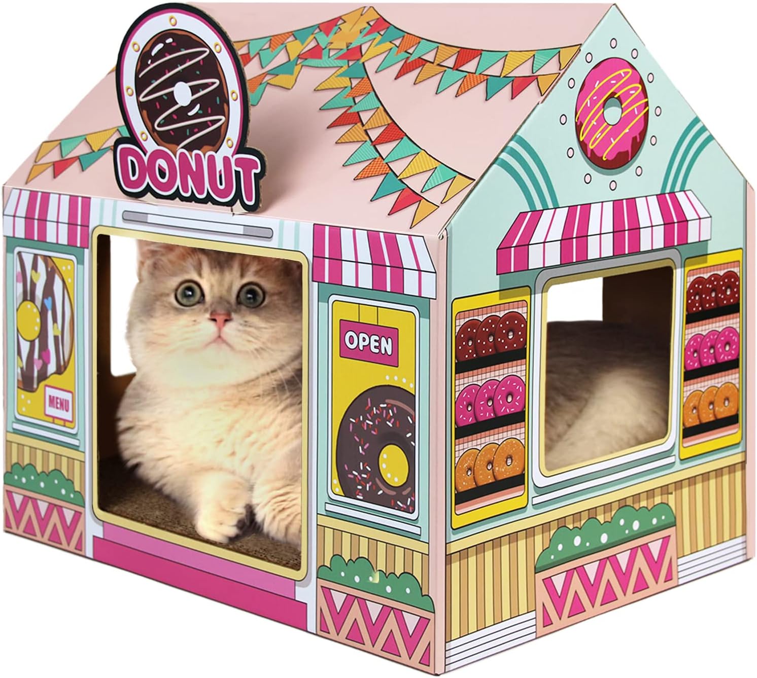 SEKAM Cardboard Cat House with Scratcher/Catnip (16.5'' x 12'' x 15''), Donut Shop for Indoor/Outdoor, Cat Scratch Box & Home Decor, Hideout for Small Animals