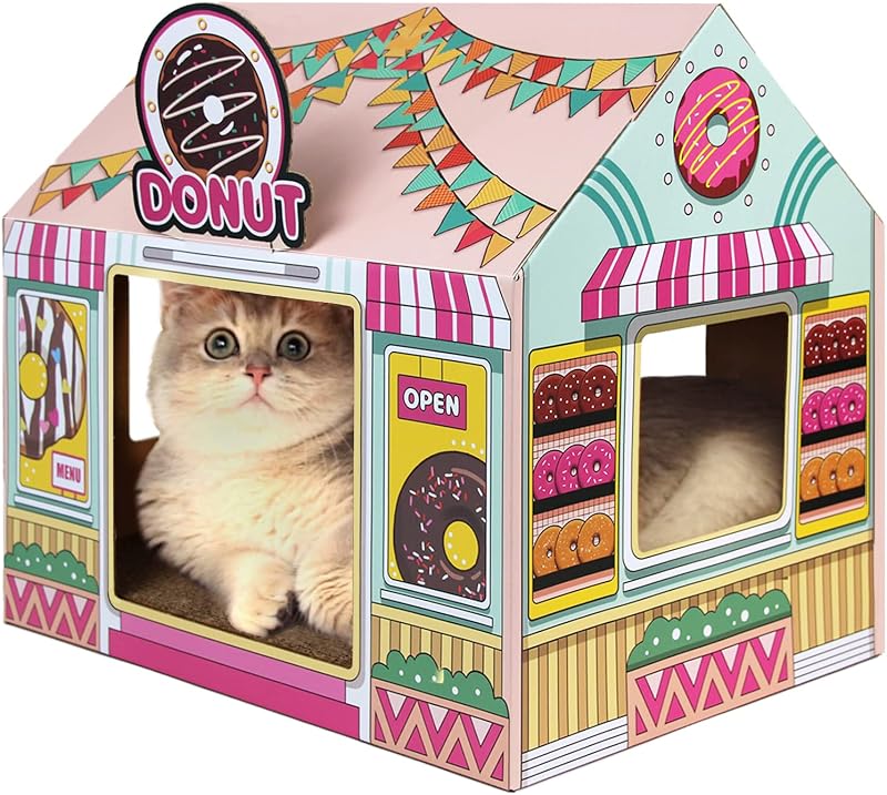 SEKAM Cardboard Cat House with Scratcher/Catnip (16.5'' x 12'' x 15''), Donut Shop for Indoor/Outdoor, Cat Scratch Box & Home Decor, Hideout for Small Animals