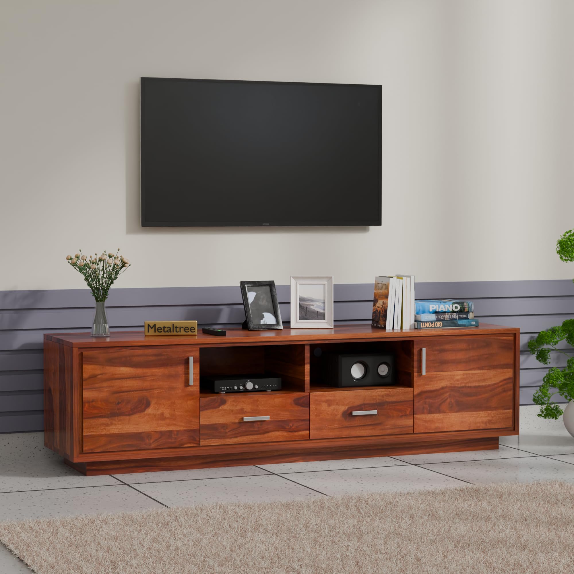 Premium Solid Sheesham Wood TV Unit with 2 Drawers, 2 Shelves, and 2-Door Storage - Fits up to 65-Inch TV - Ideal for Living Room (Lynton, Honey Finish)-image-26